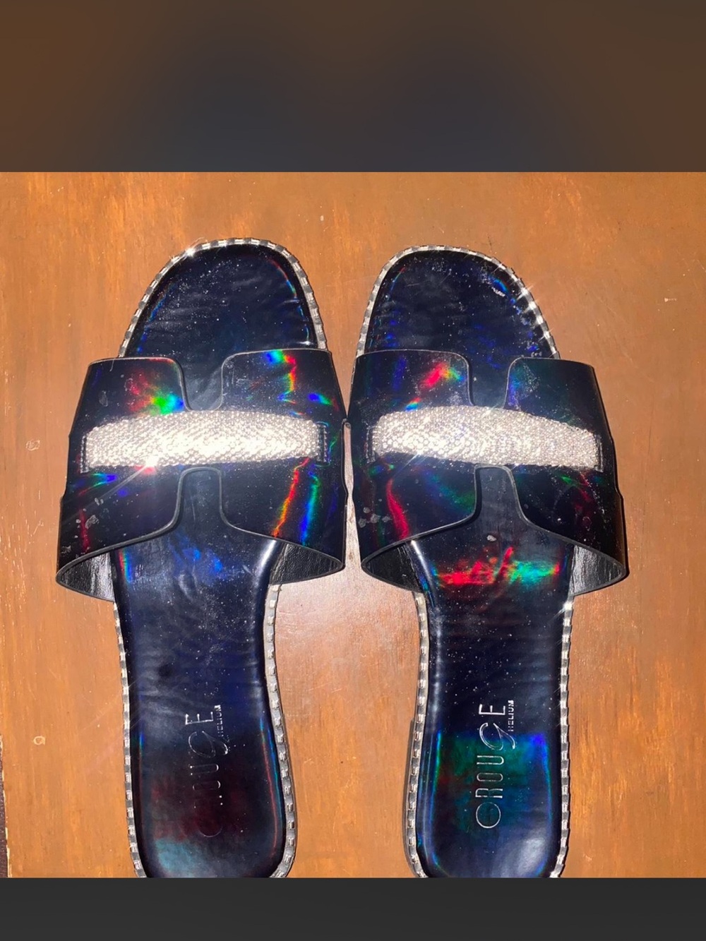Rouge! Black Holographic Slide Sandals with Crystal Strap